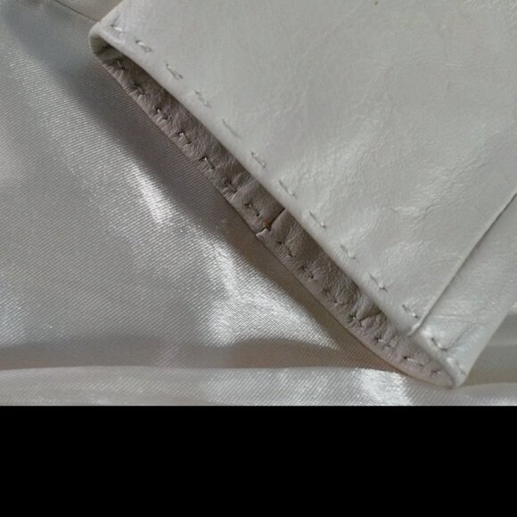 Cream Leather Jacket with Pleated Front Ruffle - Picture 10 of 15